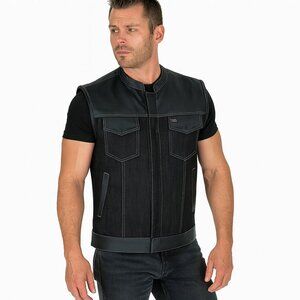 Men's Black Denim & Leather white Stitching Motorcycle Vest with Dual Conceal